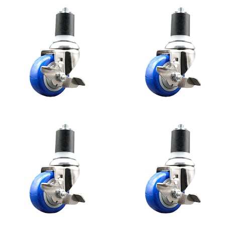 Service Caster 3.5 Inch 316SS Blue Poly Swivel 1-7/8 Inch Expanding Stem Caster Set Brake SCC SS316EX20S3514-PPUB-BLUE-TLB-178-4